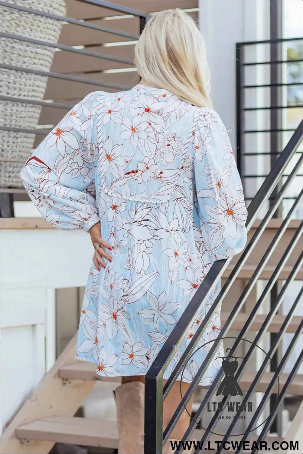 Brown Floral Print Tie Neck 3/4 Sleeve Mini Dress