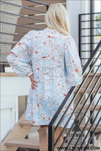 Brown Floral Print Tie Neck 3/4 Sleeve Mini Dress
