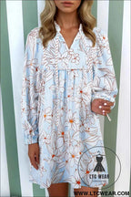 Brown Floral Print Tie Neck 3/4 Sleeve Mini Dress
