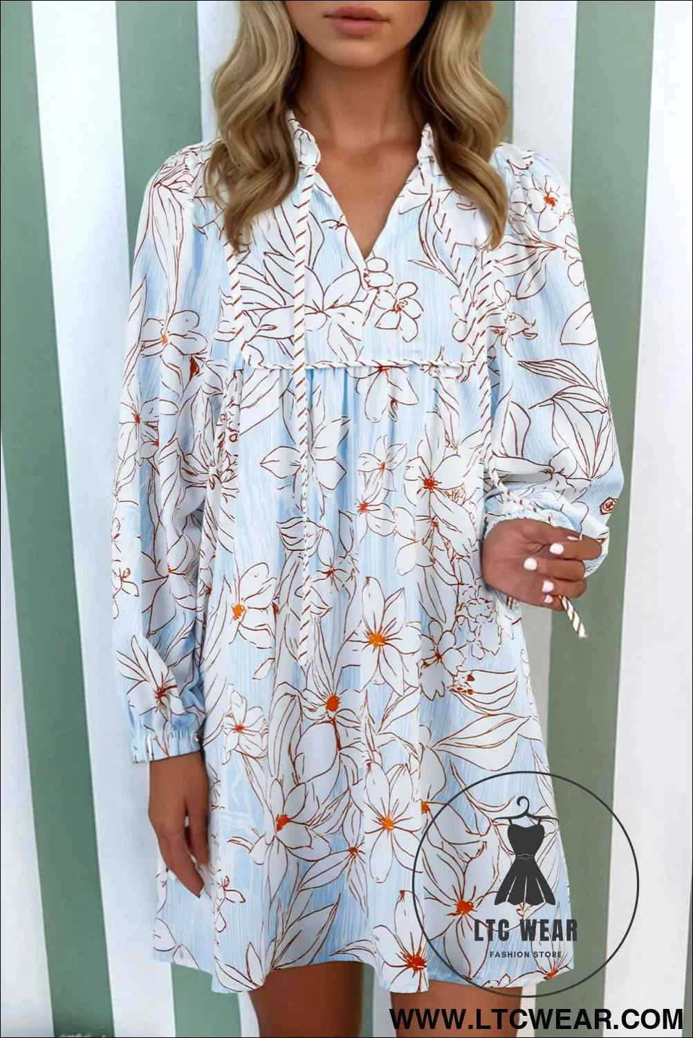 Brown Floral Print Tie Neck 3/4 Sleeve Mini Dress