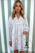 Brown Floral Print Tie Neck 3/4 Sleeve Mini Dress