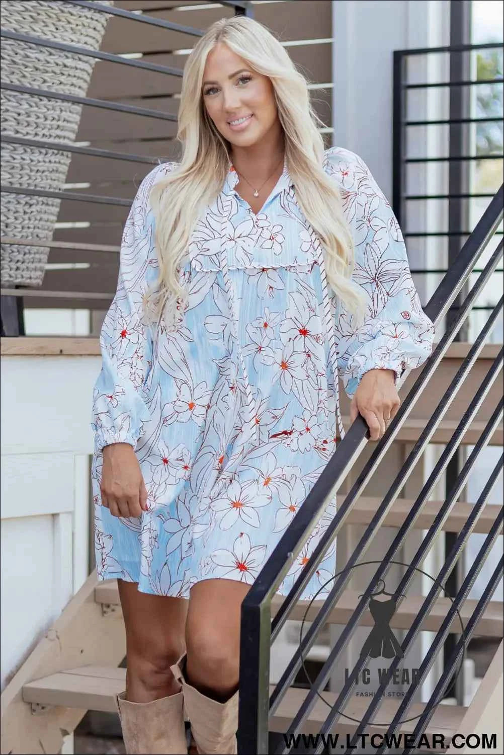 Brown Floral Print Tie Neck 3/4 Sleeve Mini Dress