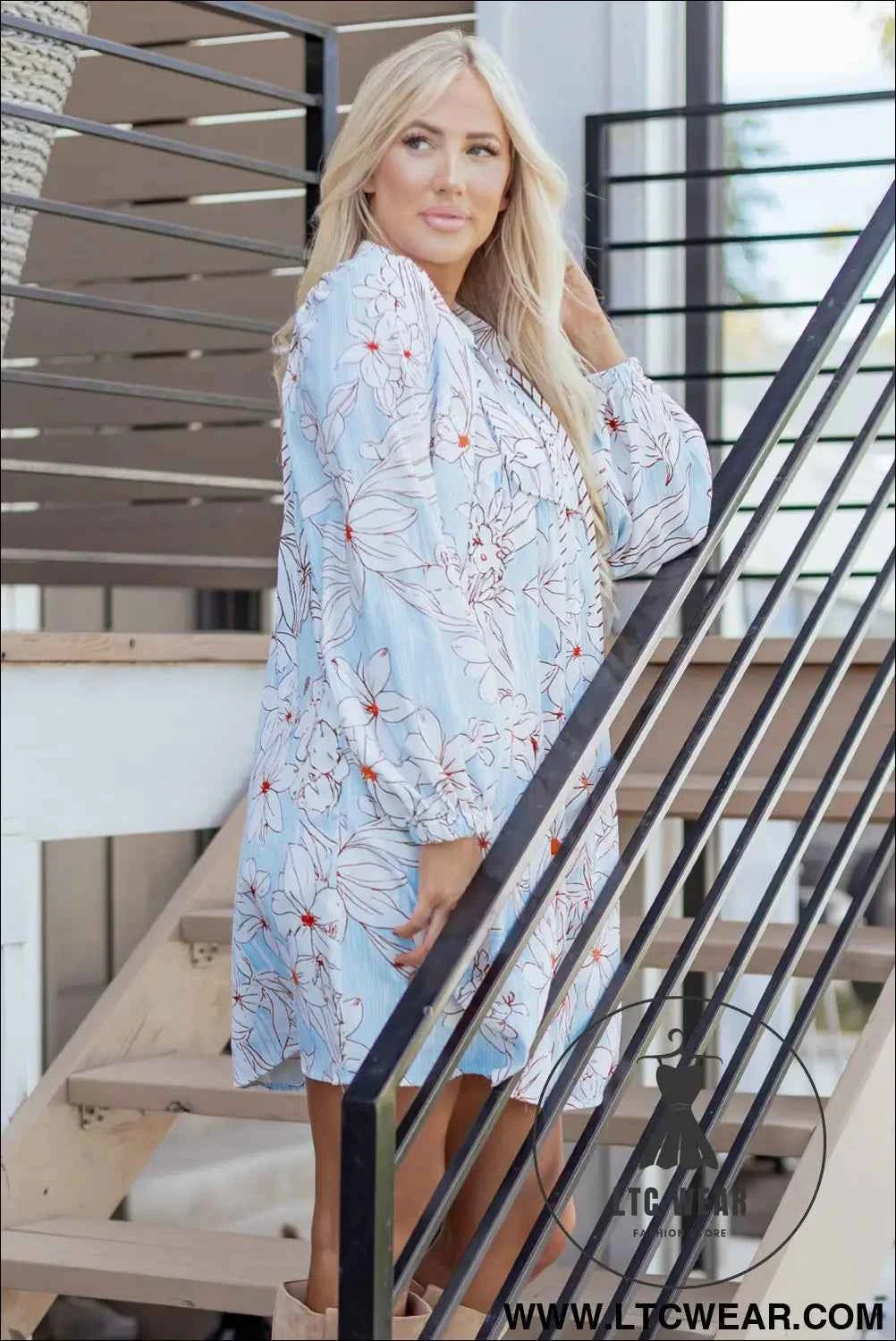 Brown Floral Print Tie Neck 3/4 Sleeve Mini Dress