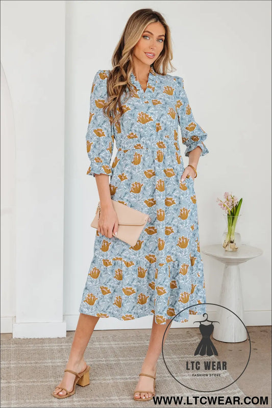 Brown Floral Printed Frilled V Neck Bracelet Sleeve Long Dress