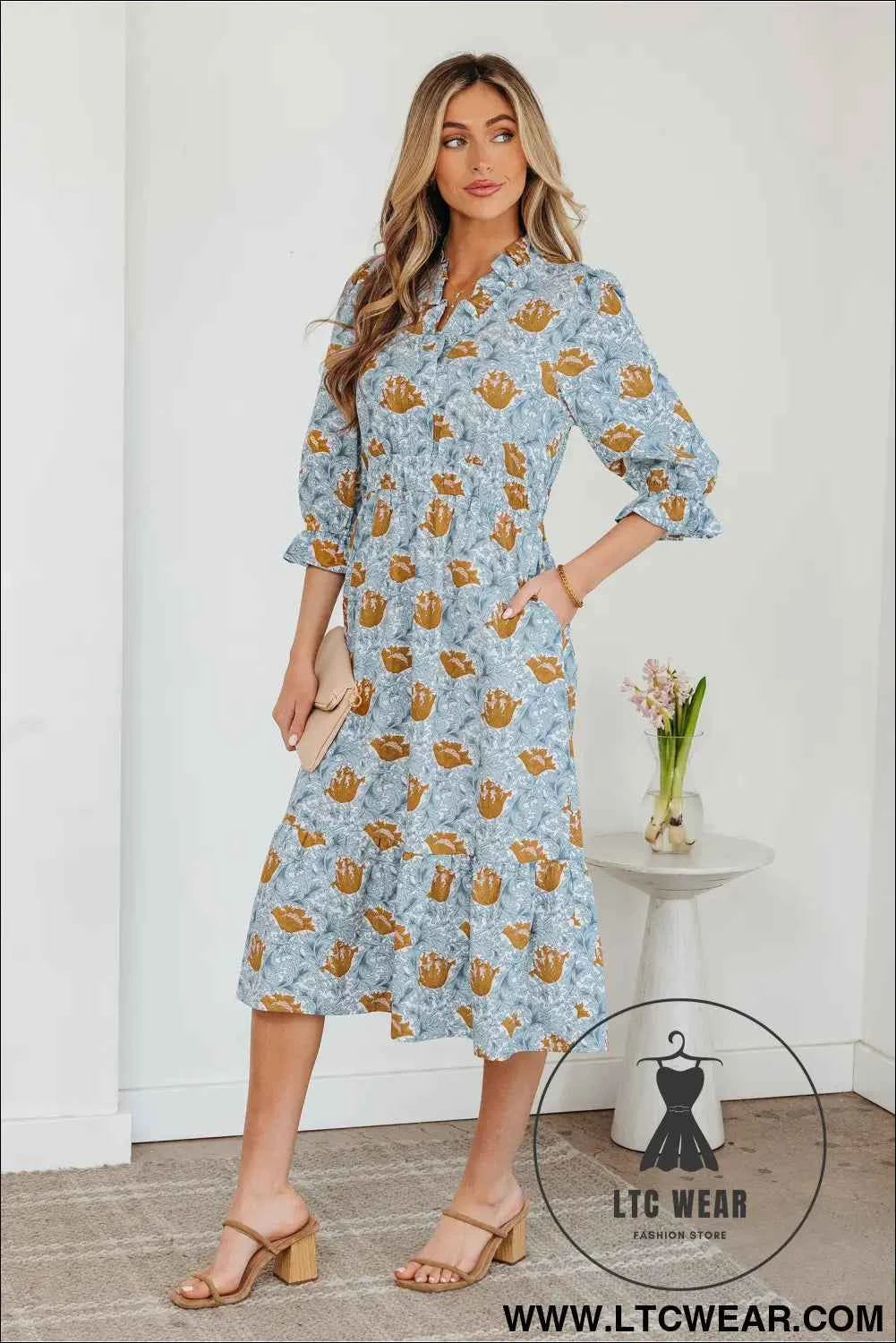 Brown Floral Printed Frilled V Neck Bracelet Sleeve Long Dress