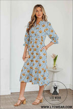 Brown Floral Printed Frilled V Neck Bracelet Sleeve Long Dress