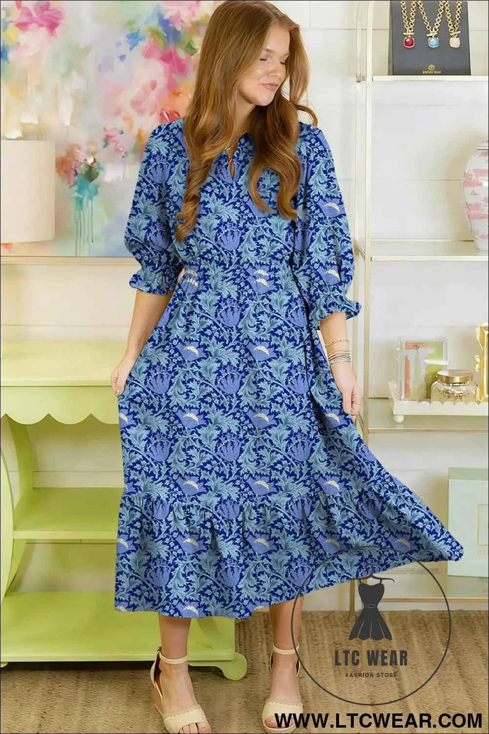 Brown Floral Printed Frilled V Neck Bracelet Sleeve Long Dress