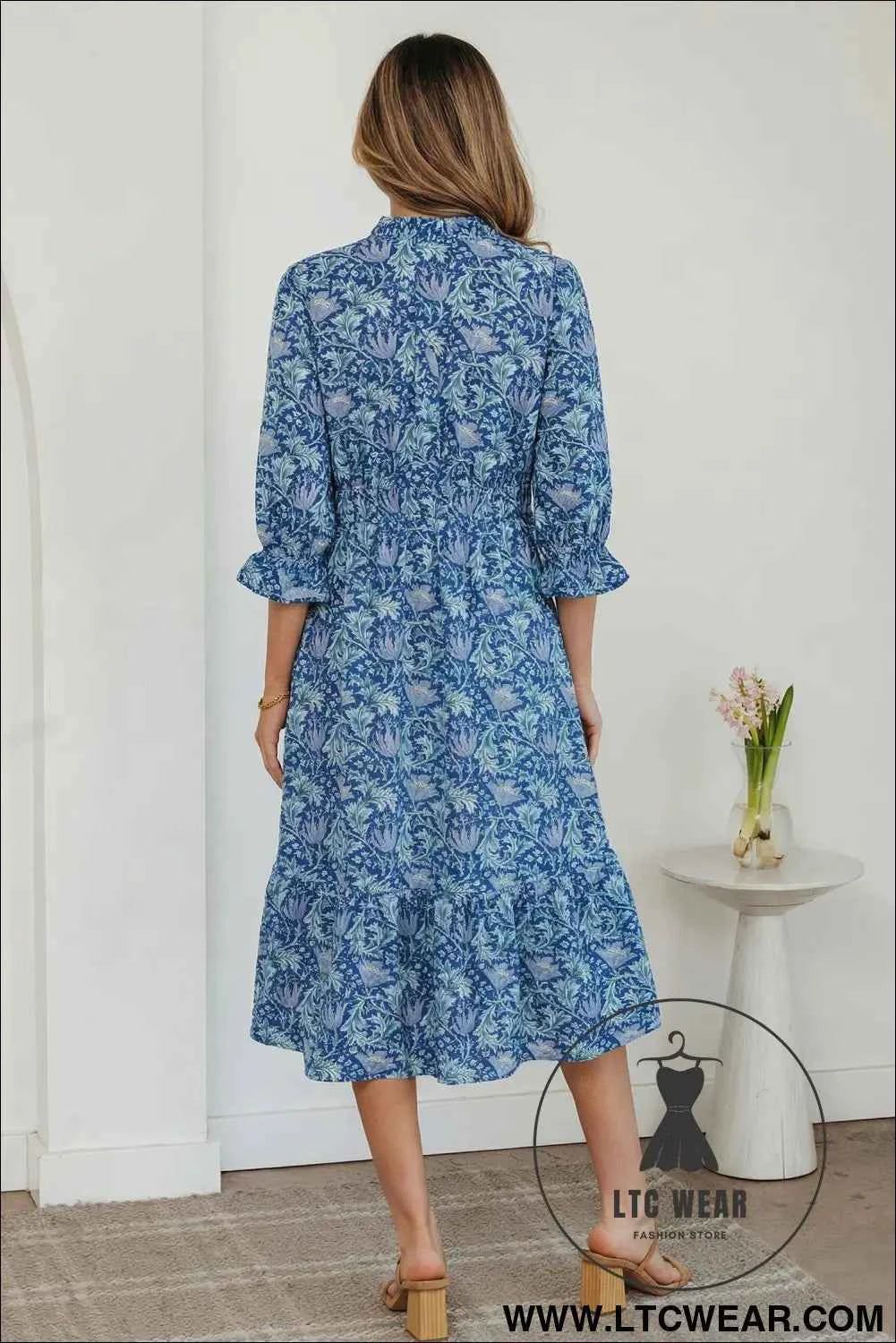 Brown Floral Printed Frilled V Neck Bracelet Sleeve Long Dress