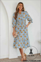 Brown Floral Printed Frilled V Neck Bracelet Sleeve Long Dress