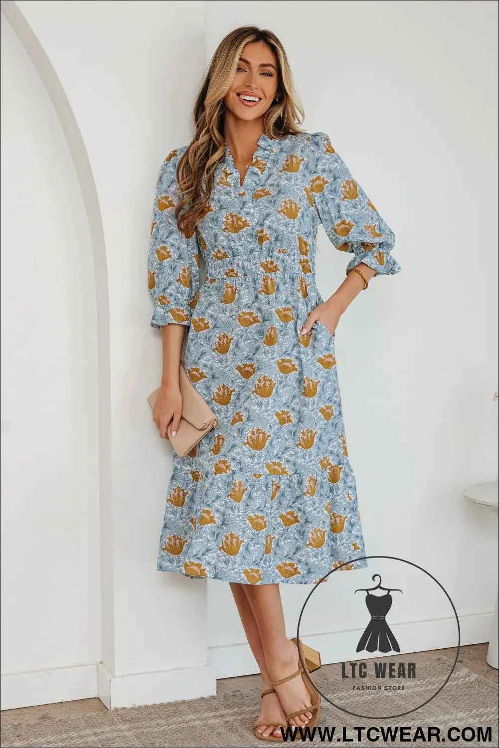 Brown Floral Printed Frilled V Neck Bracelet Sleeve Long Dress