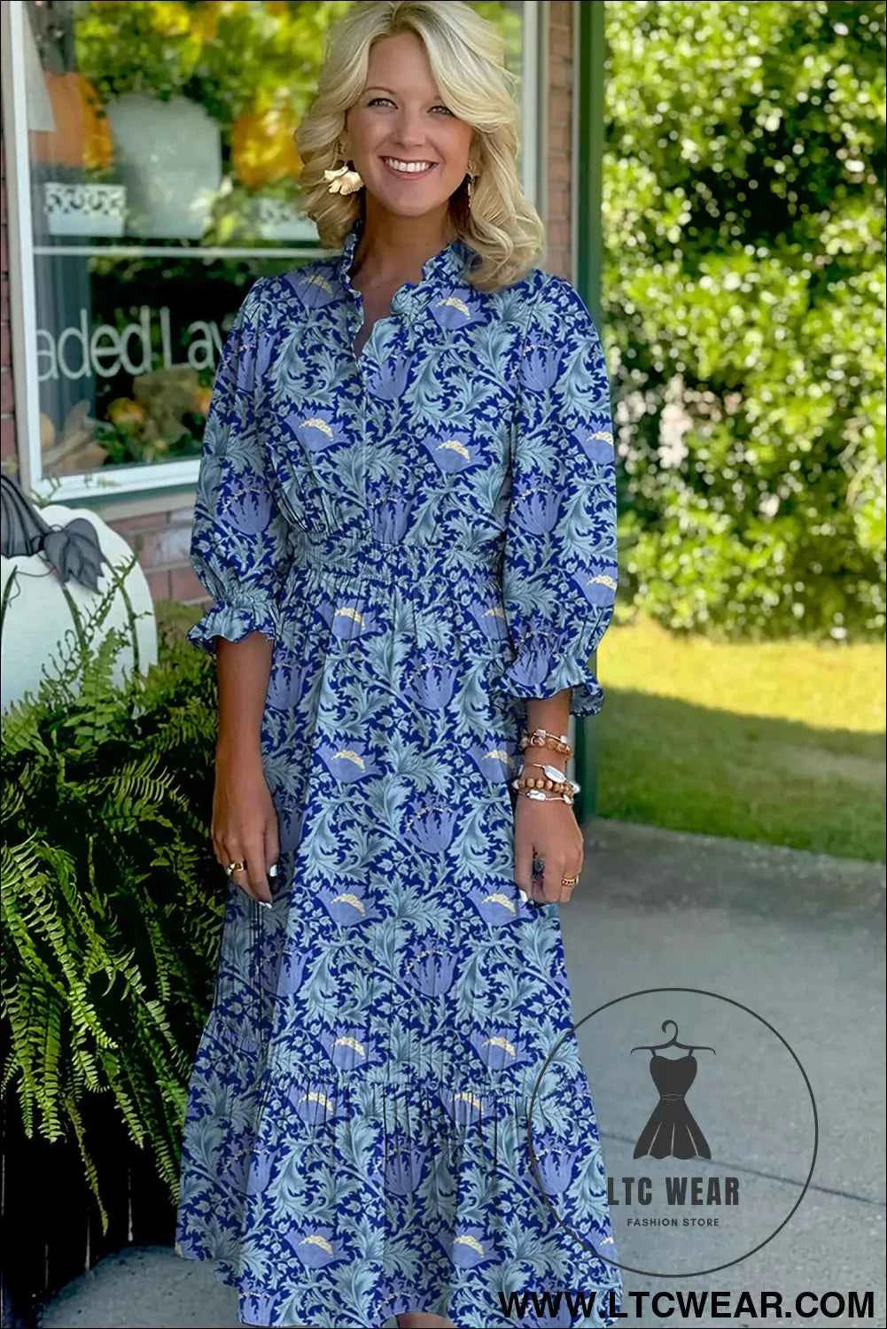 Brown Floral Printed Frilled V Neck Bracelet Sleeve Long Dress