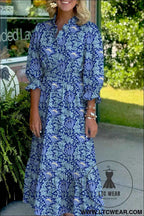 Brown Floral Printed Frilled V Neck Bracelet Sleeve Long Dress