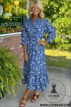 Brown Floral Printed Frilled V Neck Bracelet Sleeve Long Dress