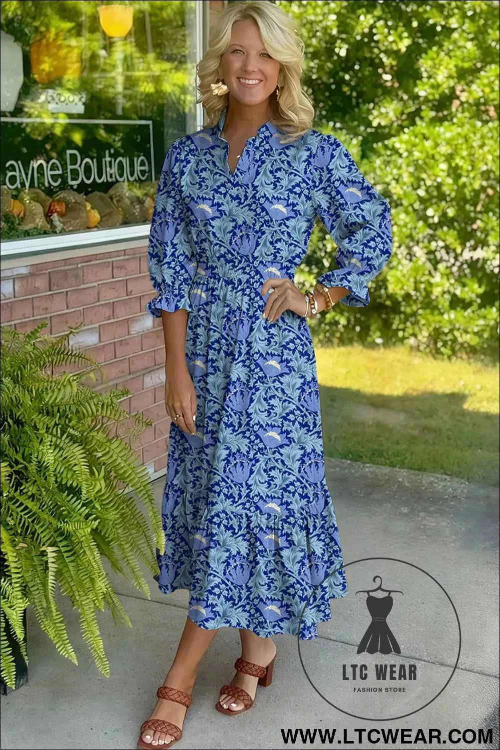 Brown Floral Printed Frilled V Neck Bracelet Sleeve Long Dress