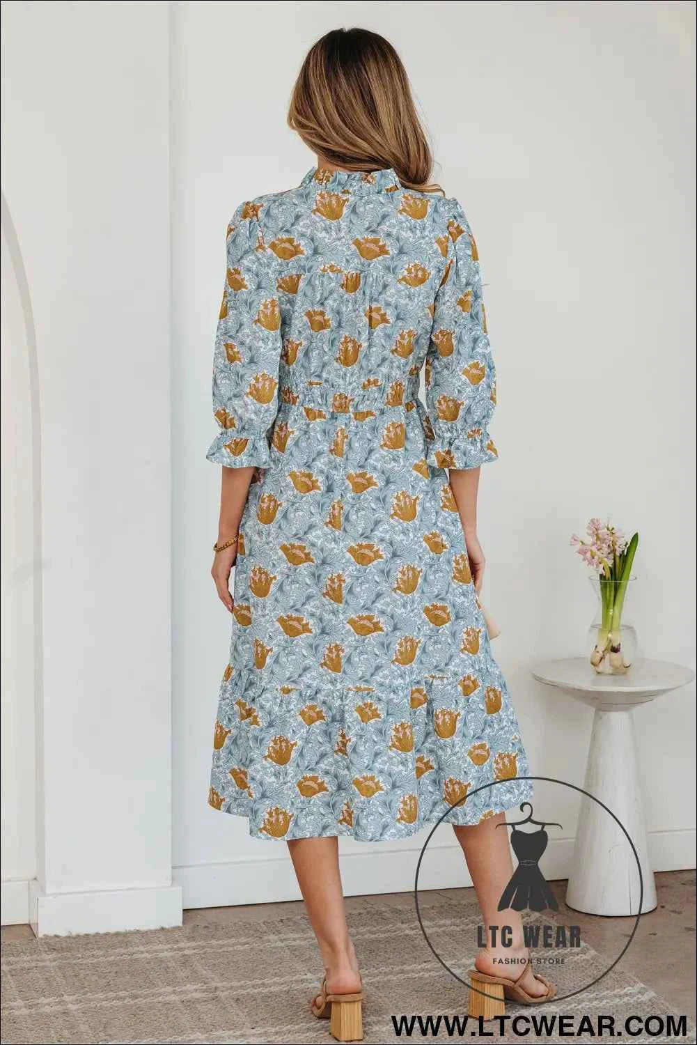 Brown Floral Printed Frilled V Neck Bracelet Sleeve Long Dress
