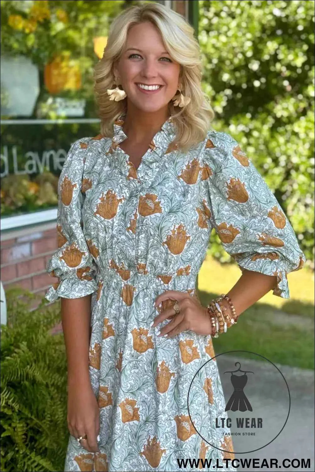 Brown Floral Printed Frilled V Neck Bracelet Sleeve Long Dress