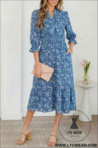 Brown Floral Printed Frilled V Neck Bracelet Sleeve Long Dress