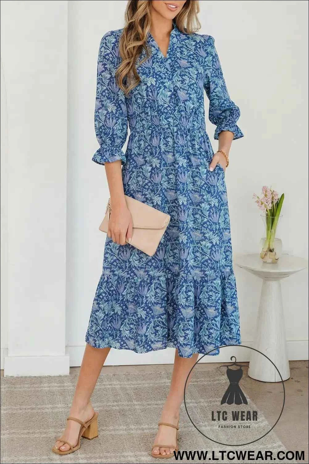Brown Floral Printed Frilled V Neck Bracelet Sleeve Long Dress