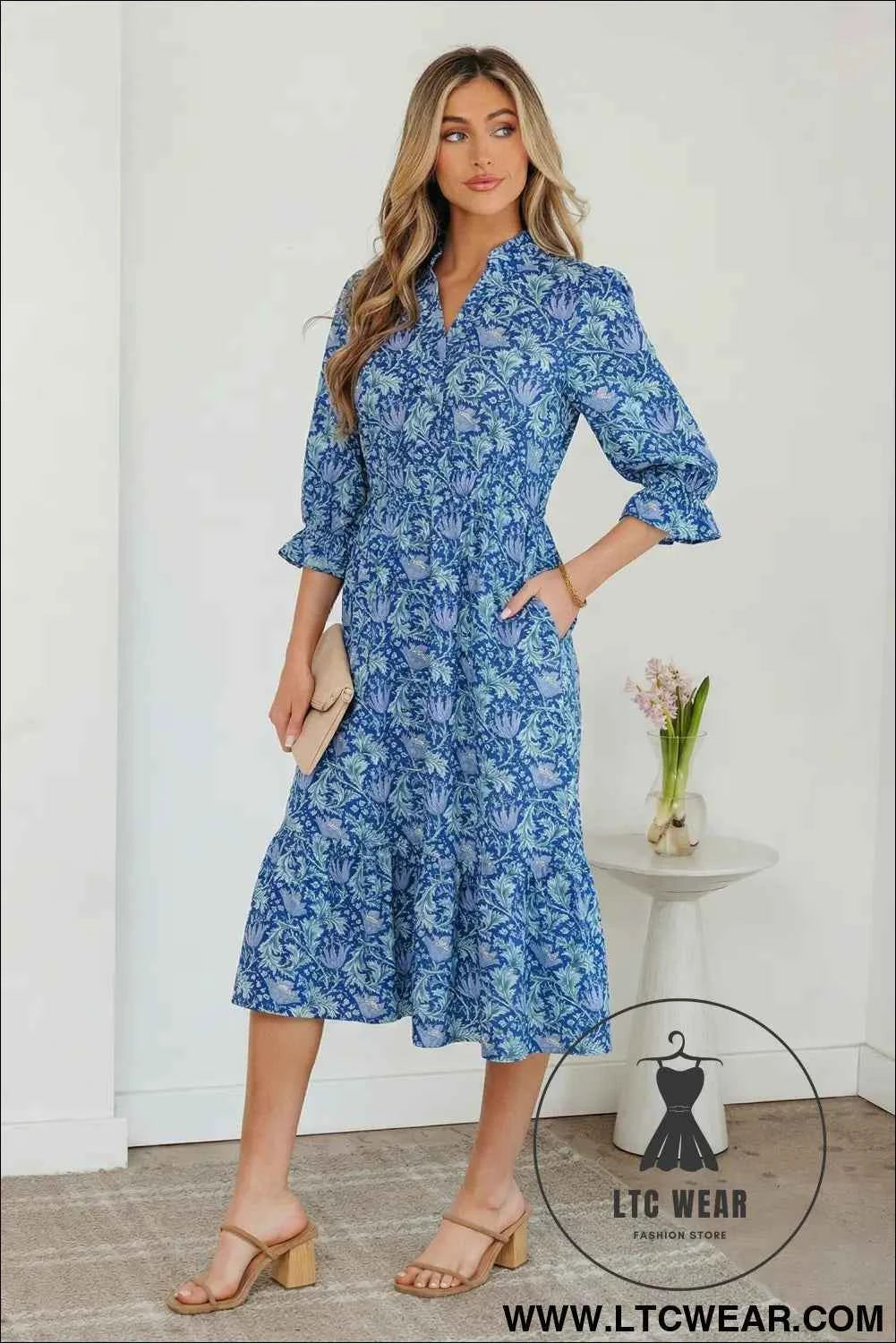 Brown Floral Printed Frilled V Neck Bracelet Sleeve Long Dress