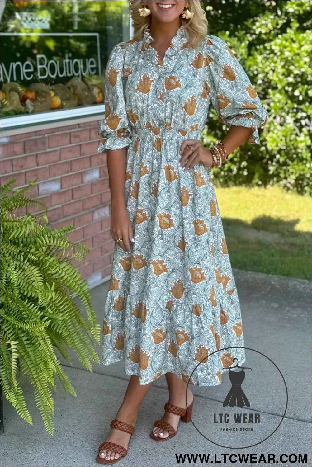 Brown Floral Printed Frilled V Neck Bracelet Sleeve Long Dress