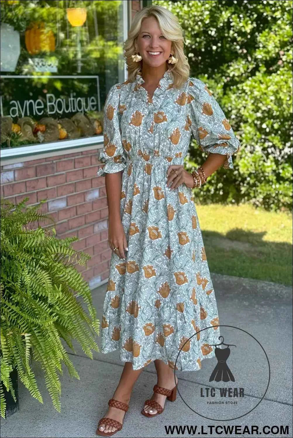Brown Floral Printed Frilled V Neck Bracelet Sleeve Long Dress