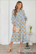 Brown Floral Printed Frilled V Neck Bracelet Sleeve Long Dress