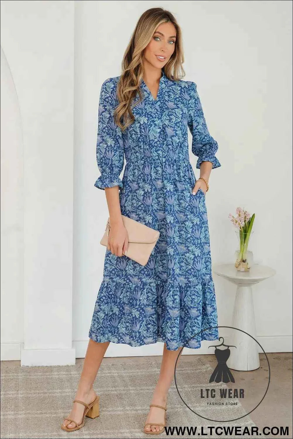 Brown Floral Printed Frilled V Neck Bracelet Sleeve Long Dress