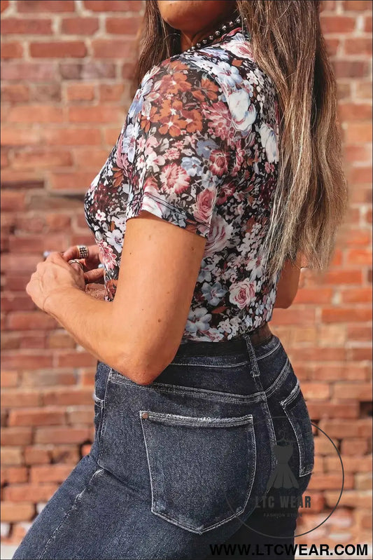 Brown Floral Printed Mesh Short Sleeve Top
