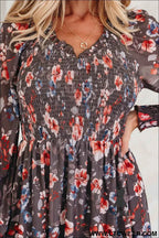 Brown Floral Mesh Long Sleeve Smocked Mini Dress