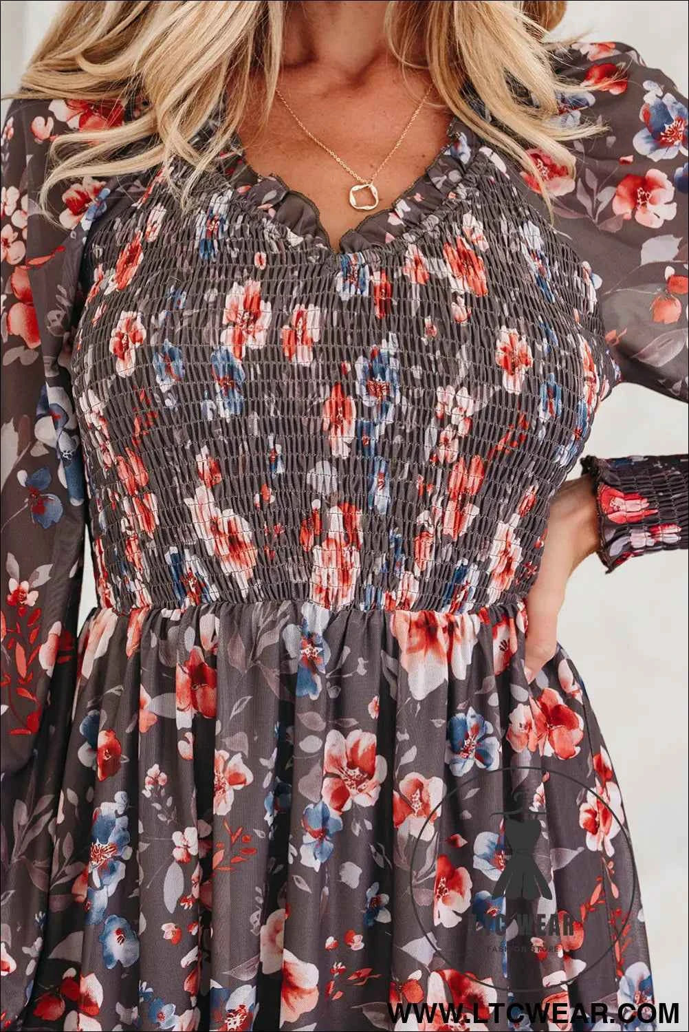 Brown Floral Mesh Long Sleeve Smocked Mini Dress