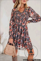 Brown Floral Mesh Long Sleeve Smocked Mini Dress