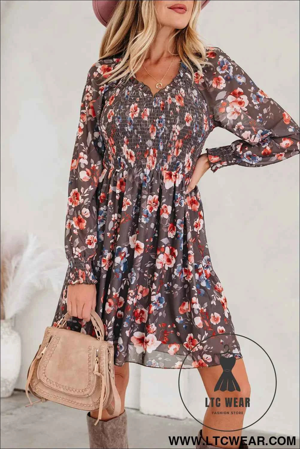 Brown Floral Mesh Long Sleeve Smocked Mini Dress