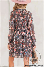 Brown Floral Mesh Long Sleeve Smocked Mini Dress