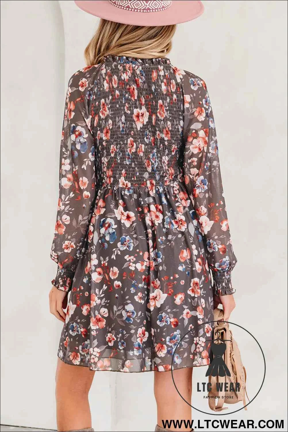 Brown Floral Mesh Long Sleeve Smocked Mini Dress