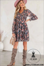 Brown Floral Mesh Long Sleeve Smocked Mini Dress