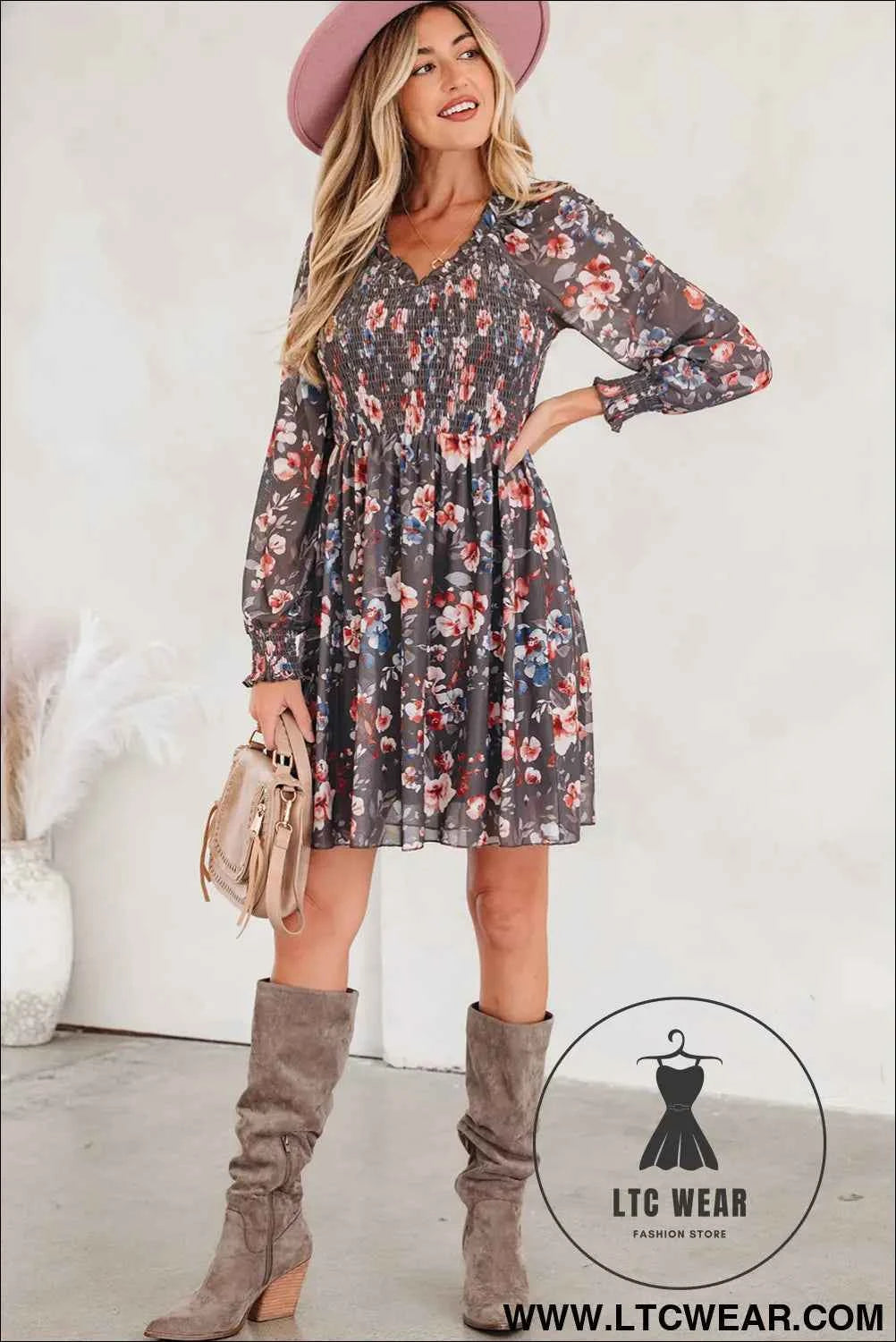 Brown Floral Mesh Long Sleeve Smocked Mini Dress