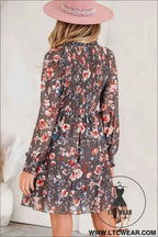 Brown Floral Mesh Long Sleeve Smocked Mini Dress