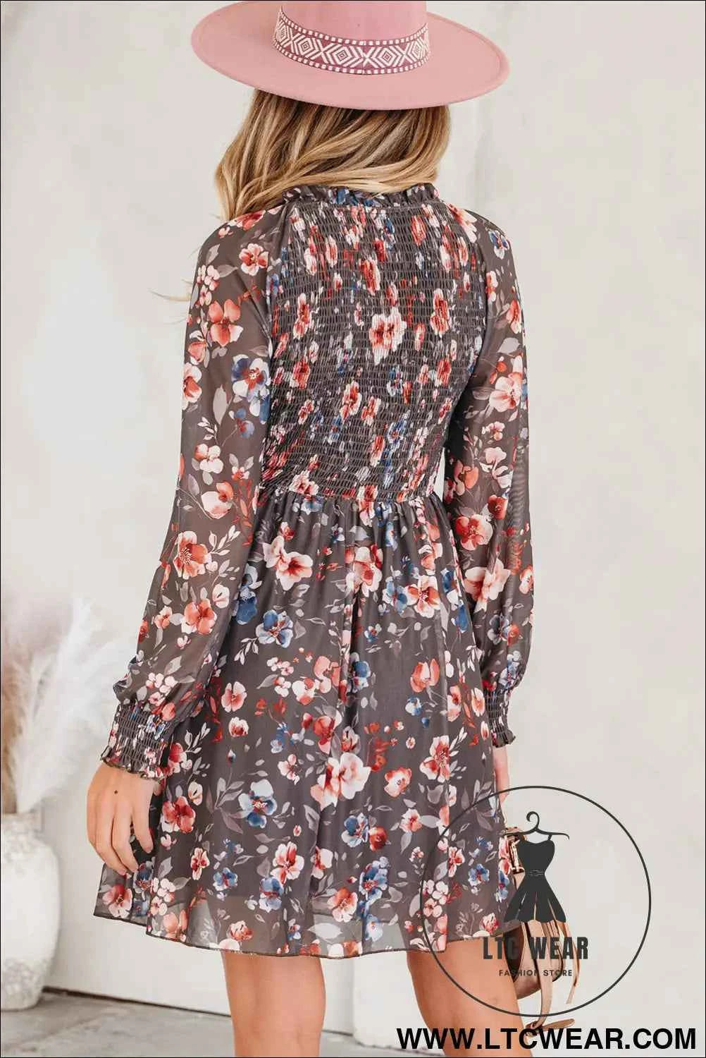 Brown Floral Mesh Long Sleeve Smocked Mini Dress