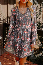 Brown Floral Mesh Long Sleeve Smocked Mini Dress