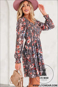 Brown Floral Mesh Long Sleeve Smocked Mini Dress