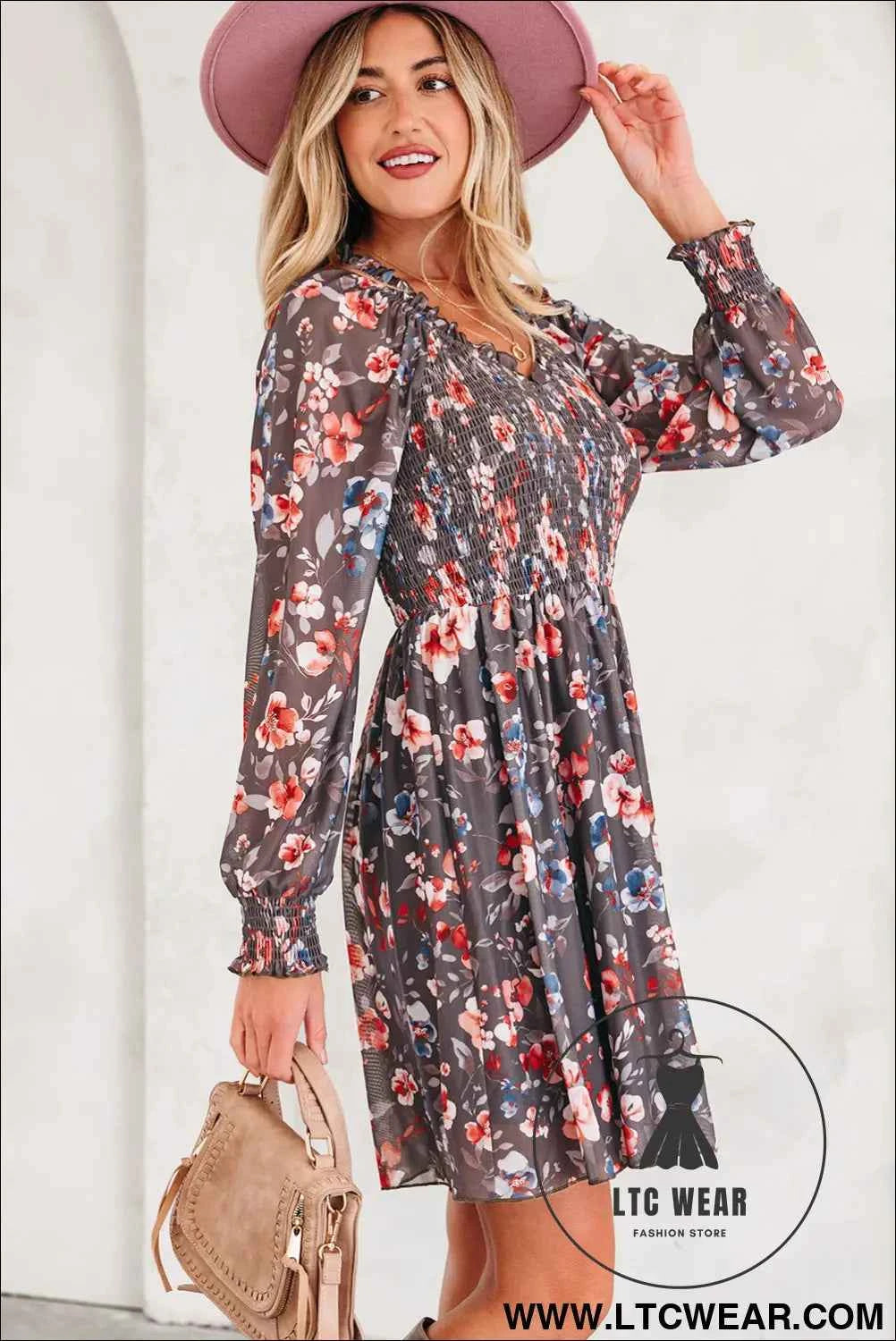 Brown Floral Mesh Long Sleeve Smocked Mini Dress