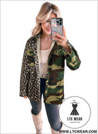 Brown leopard camouflage patchwork oversized shacket - jackets