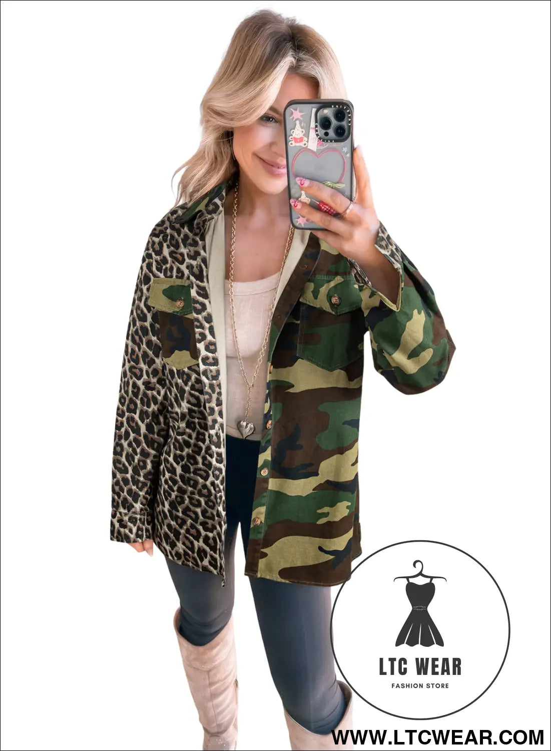 Brown leopard camouflage patchwork oversized shacket - jackets