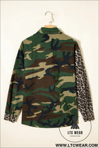 Brown leopard camouflage patchwork oversized shacket - jackets