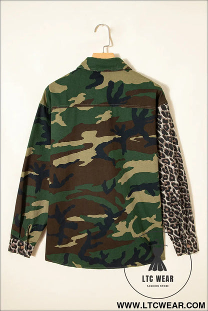 Brown leopard camouflage patchwork oversized shacket - jackets