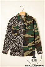 Brown leopard camouflage patchwork oversized shacket - jackets