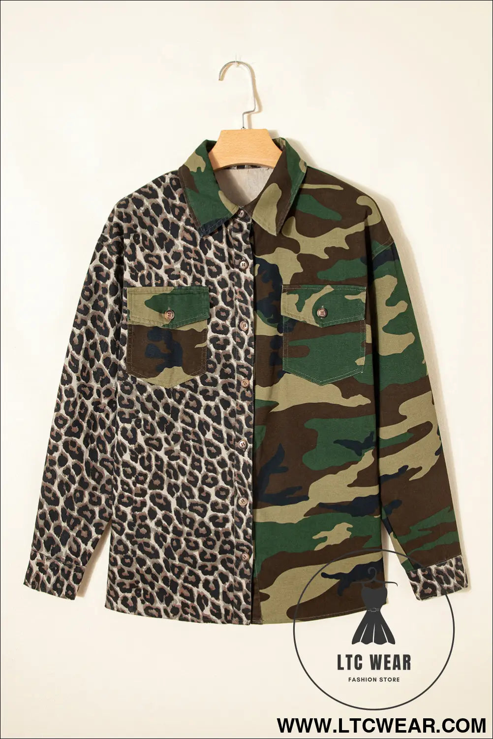 Brown leopard camouflage patchwork oversized shacket - jackets