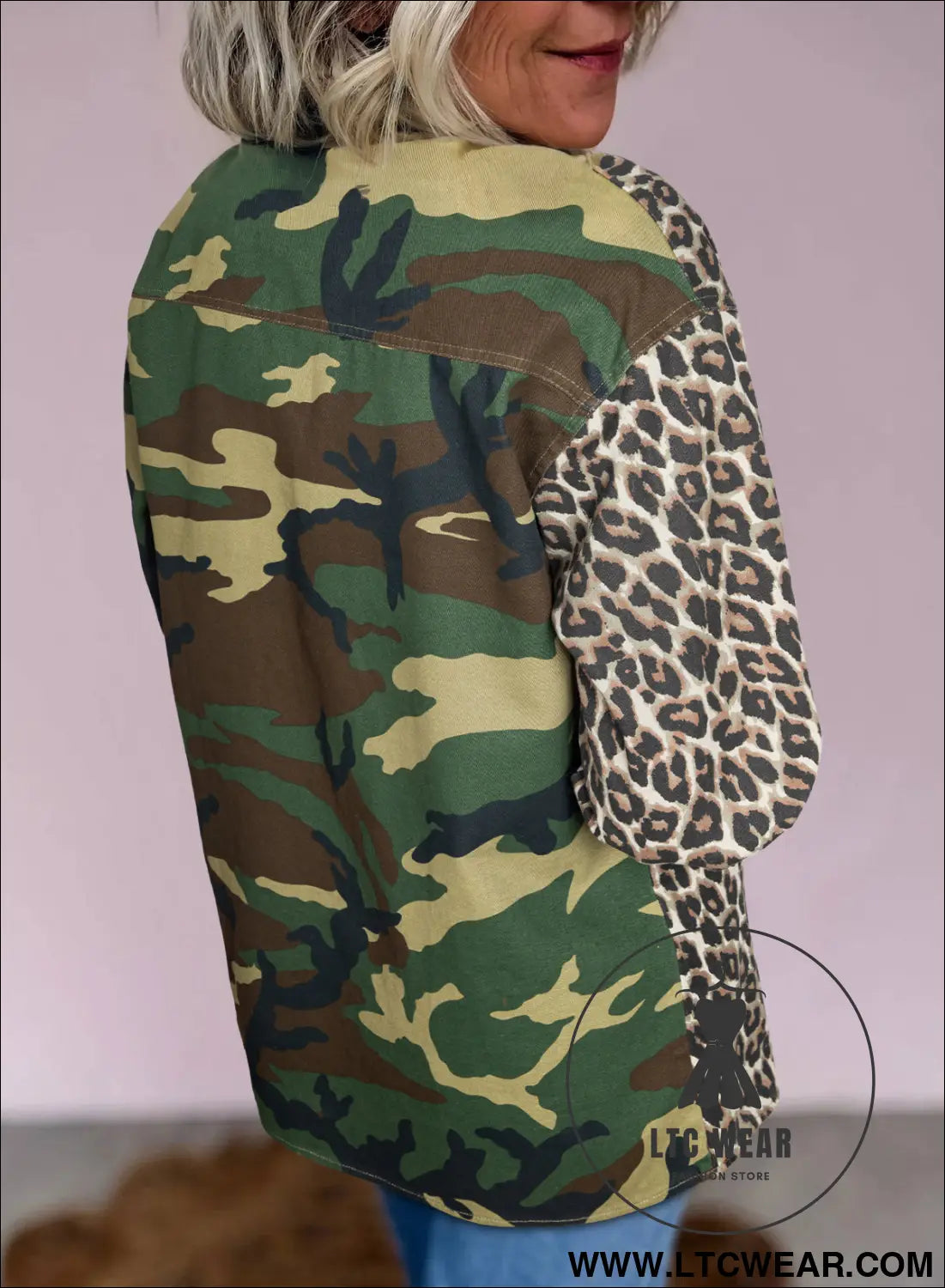 Brown leopard camouflage patchwork oversized shacket - jackets