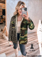 Brown leopard camouflage patchwork oversized shacket - jackets