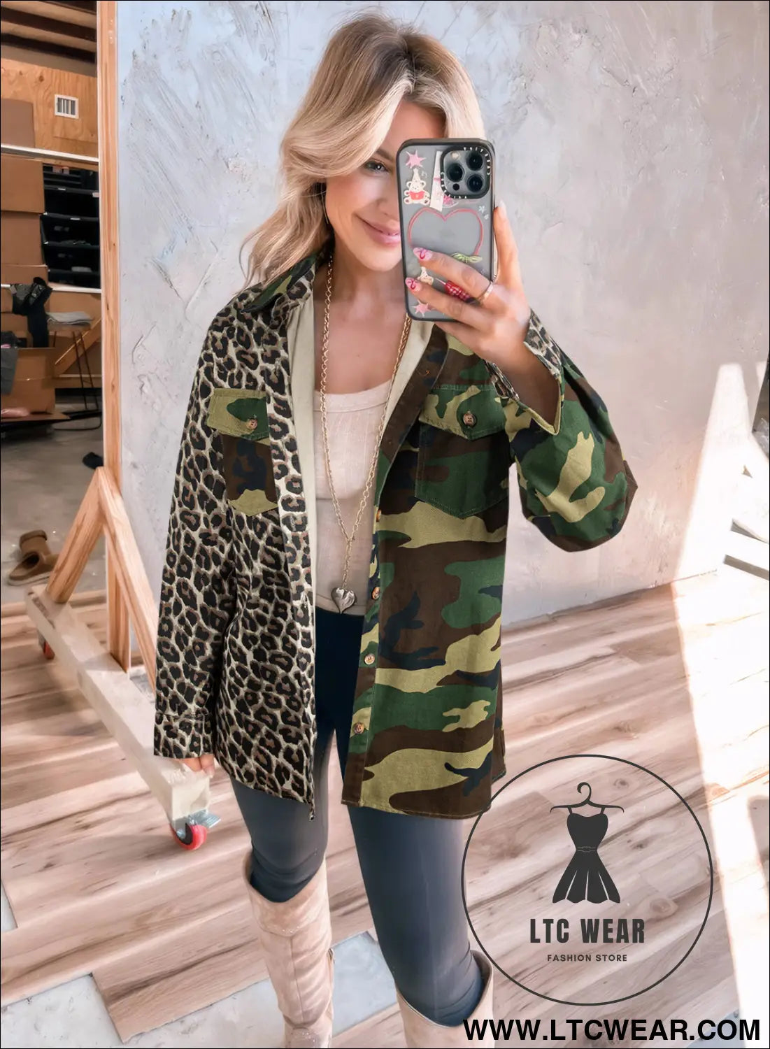 Brown leopard camouflage patchwork oversized shacket - jackets
